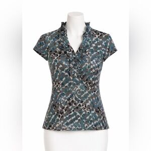 Classiques Entier Silk Blend Ruffle V-Neck Top Teal Gray Abstract Size Medium